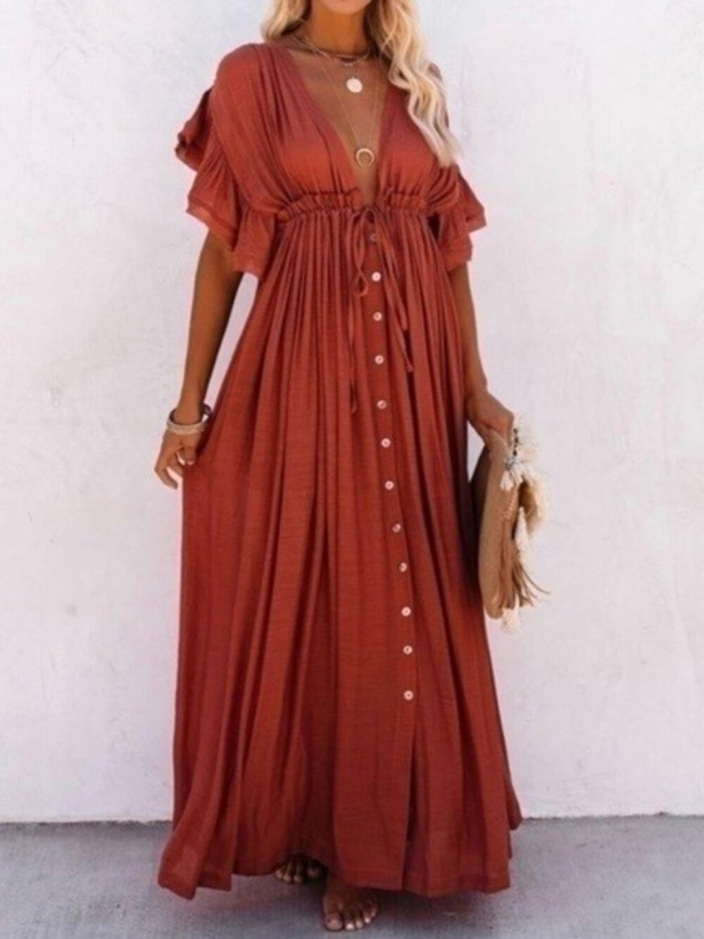 Boho Rust Maxi Dress Deep V Ruffle Sleeve Button Front Flowy Summer NWT